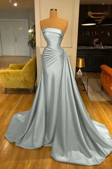 ballbellas Strapless Baby Blue Elegant Mermaid Evening Dress Long With Ruffle