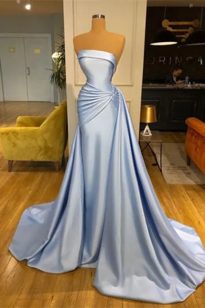ballbellas Strapless Baby Blue Elegant Mermaid Evening Dress Long With Ruffle