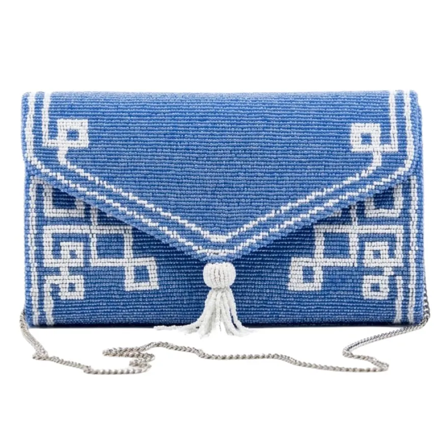 Carolina Blue/White Beaded Tassel Envelope Clutch