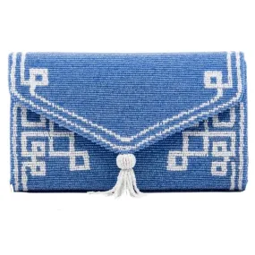Carolina Blue/White Beaded Tassel Envelope Clutch