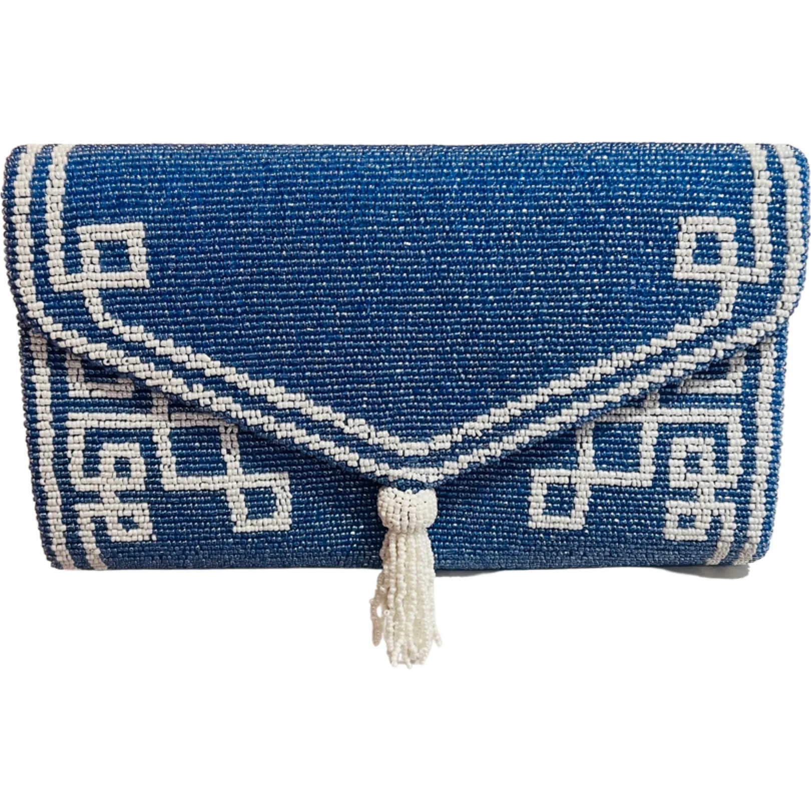Carolina Blue/White Beaded Tassel Envelope Clutch