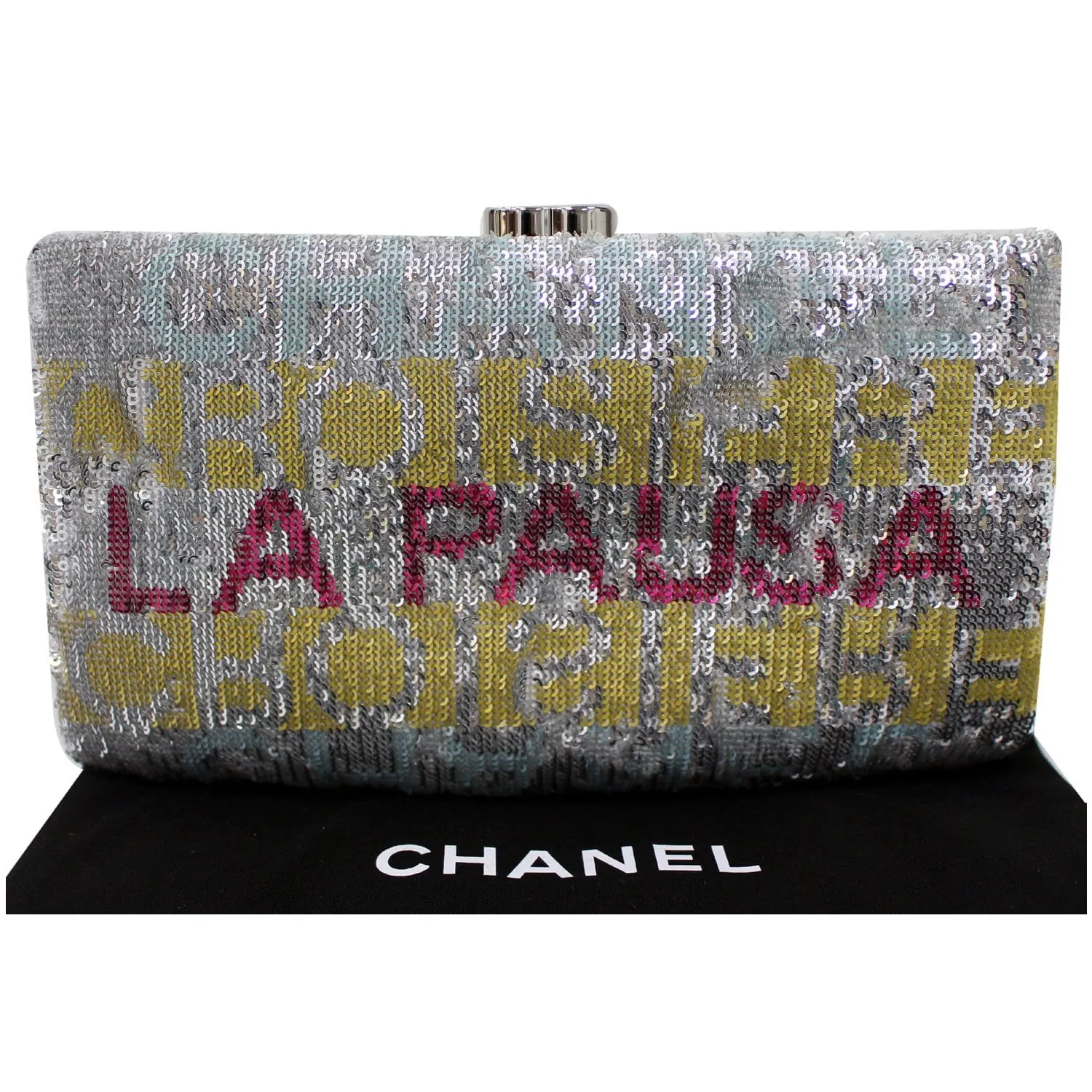 CHANEL La Pausa Embroidered Satin Sequin Clutch Bag Silver