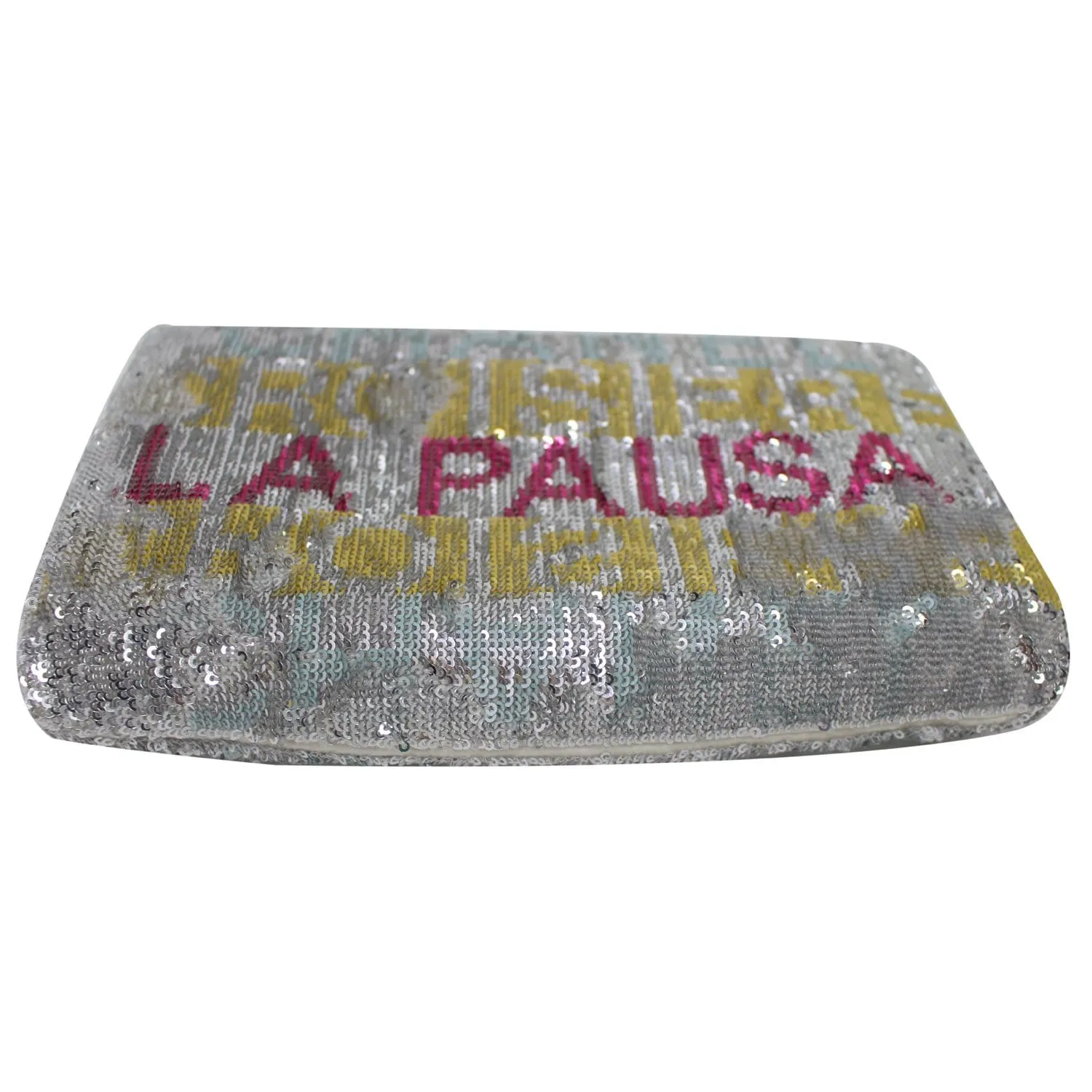 CHANEL La Pausa Embroidered Satin Sequin Clutch Bag Silver
