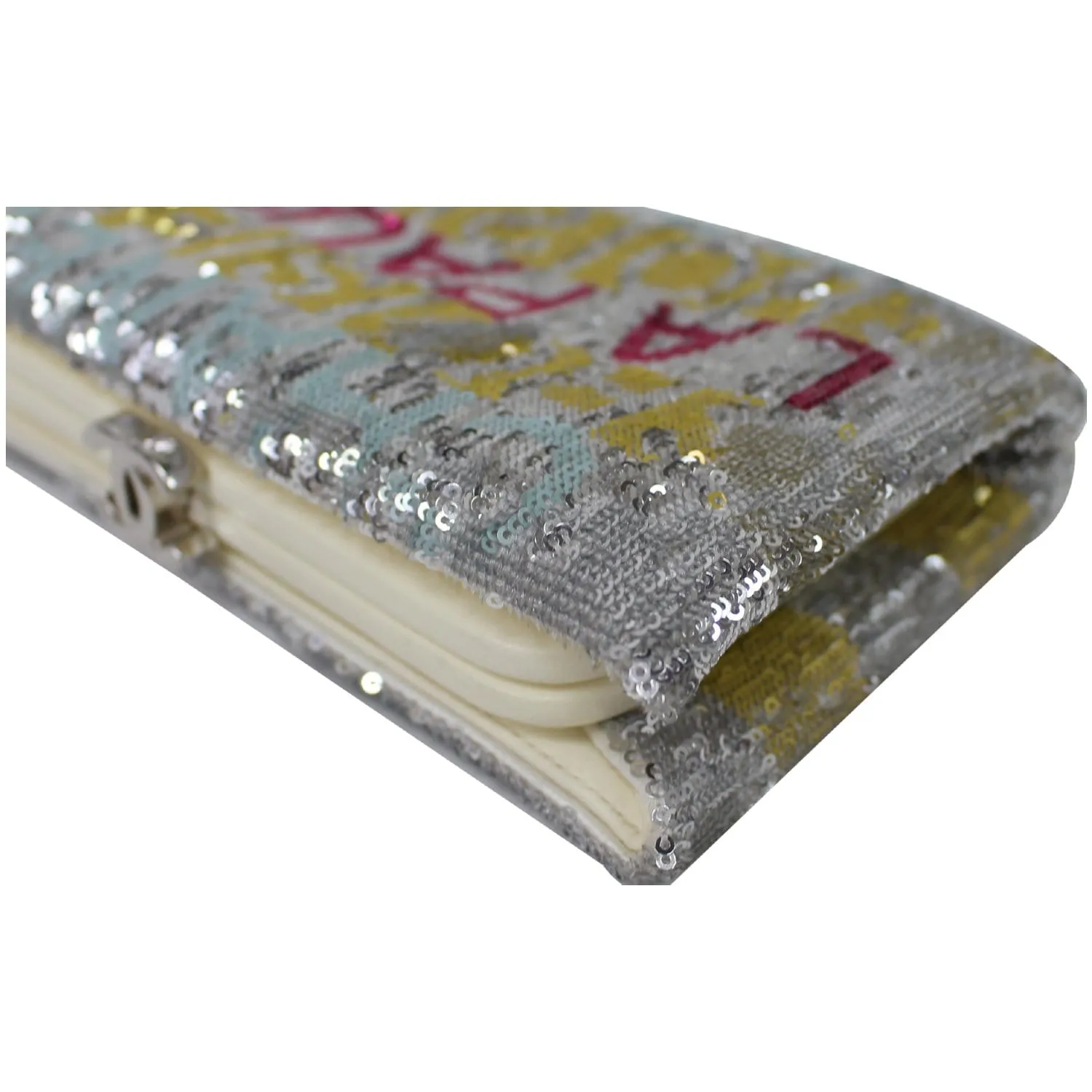 CHANEL La Pausa Embroidered Satin Sequin Clutch Bag Silver