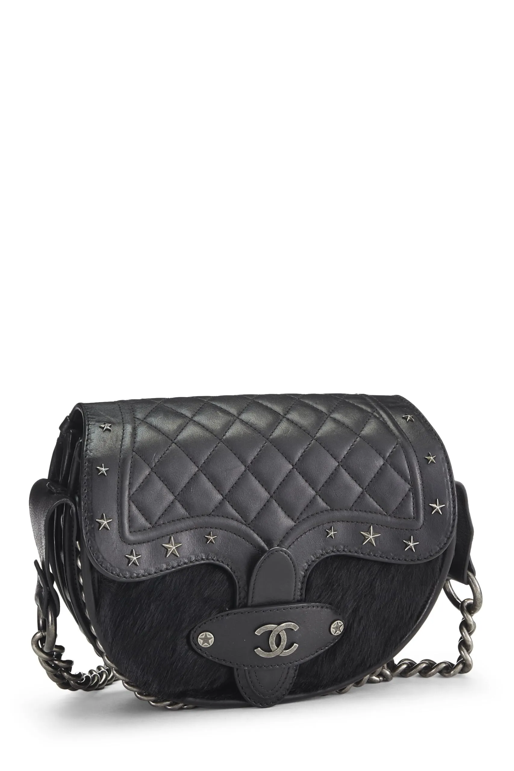 Chanel,  Paris-Dallas Black Quilted Calfskin Studded Saddle Bag, Black