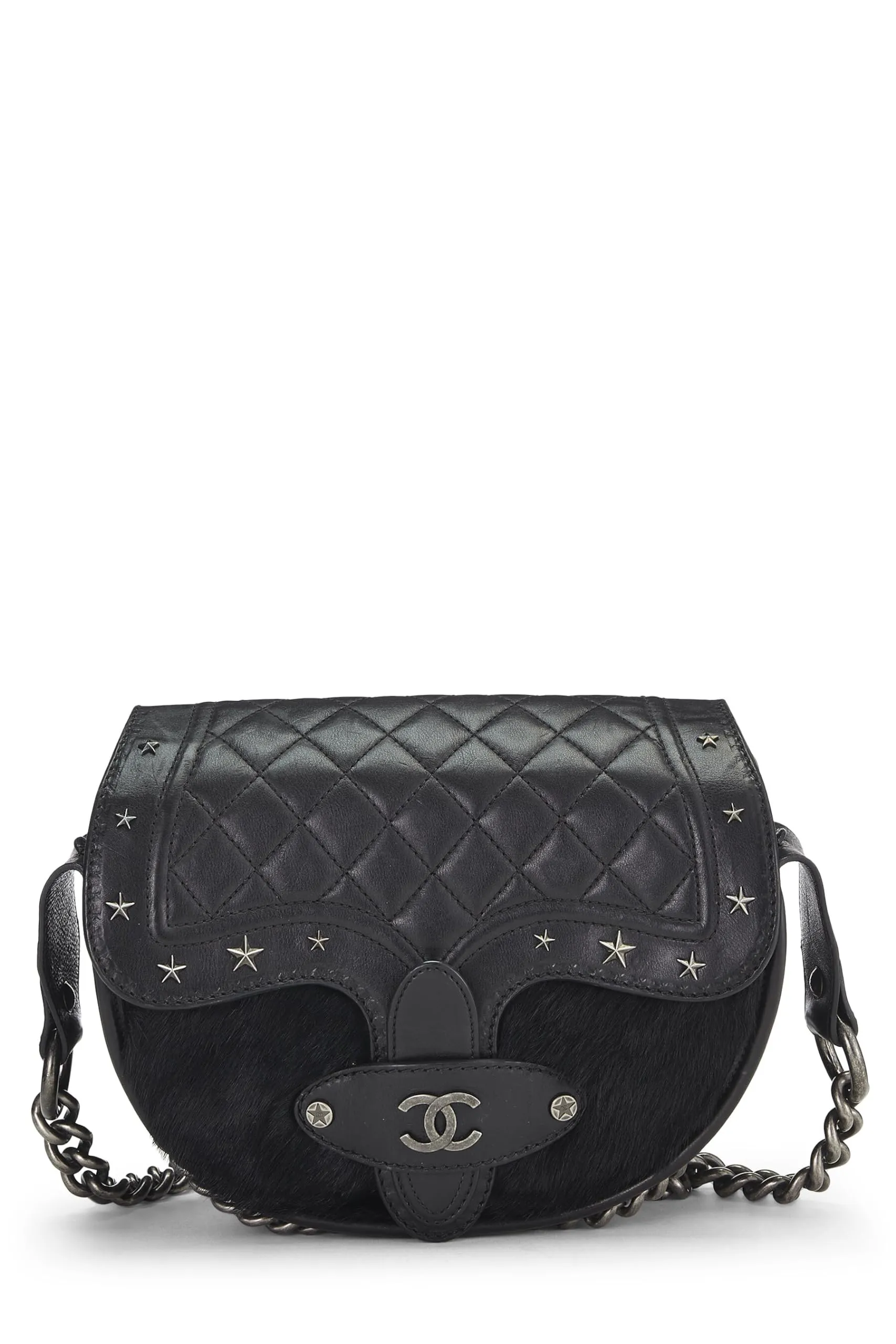 Chanel,  Paris-Dallas Black Quilted Calfskin Studded Saddle Bag, Black