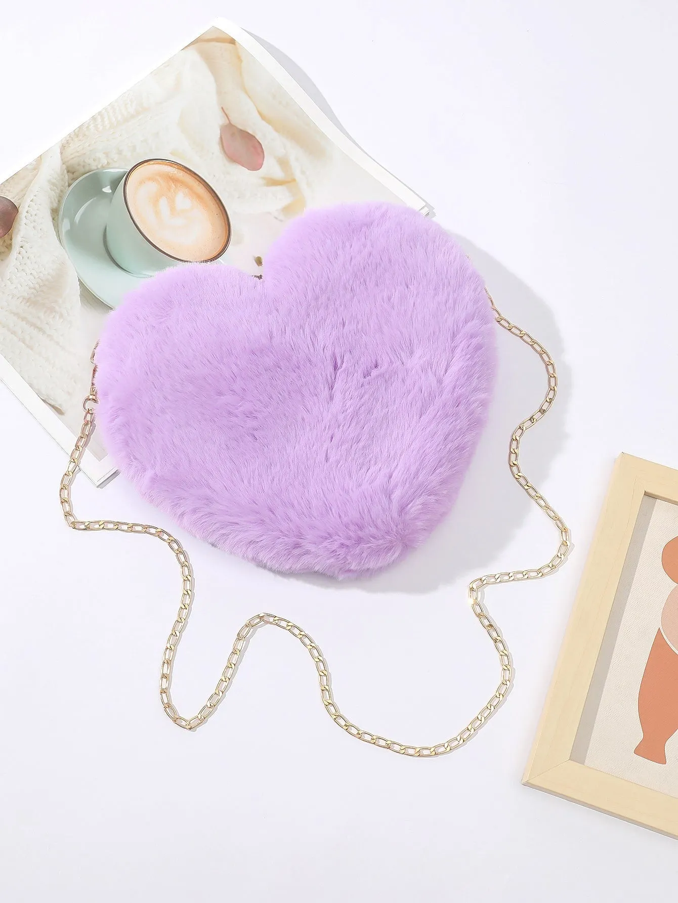 Heart-Shaped Mini Fluffy Shoulder Bag with Chain Crossbody & Cute Zipper Purse