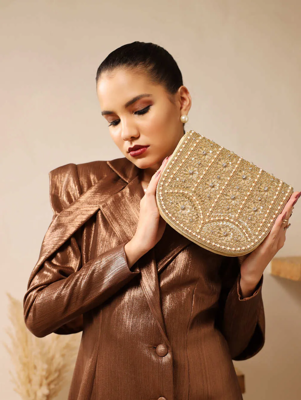 Kavya Beige Flap Over Bag with Handle