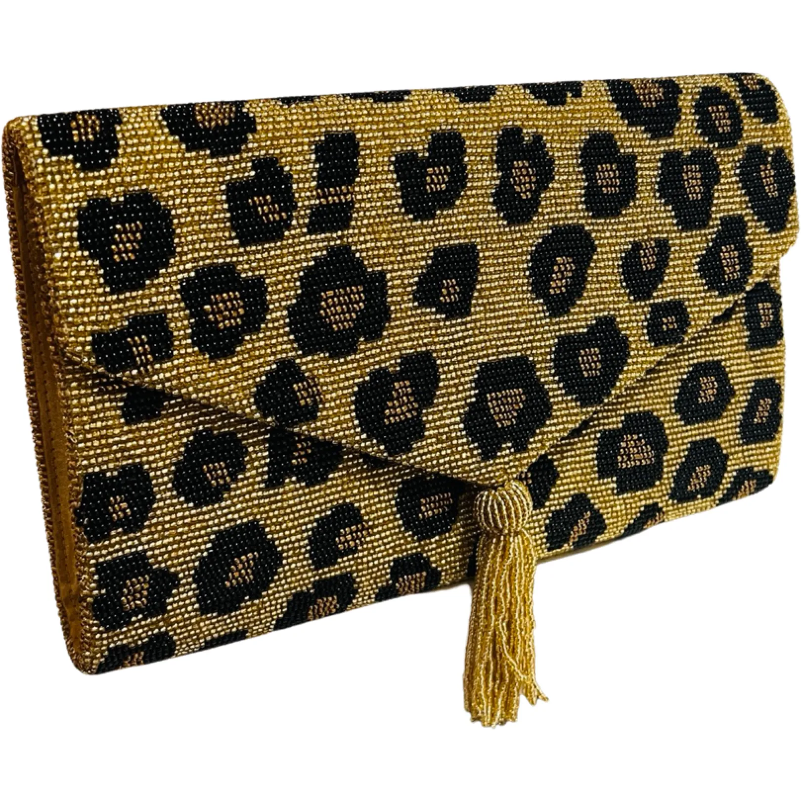 Leopard Beaded Tassel Envelope Clutch