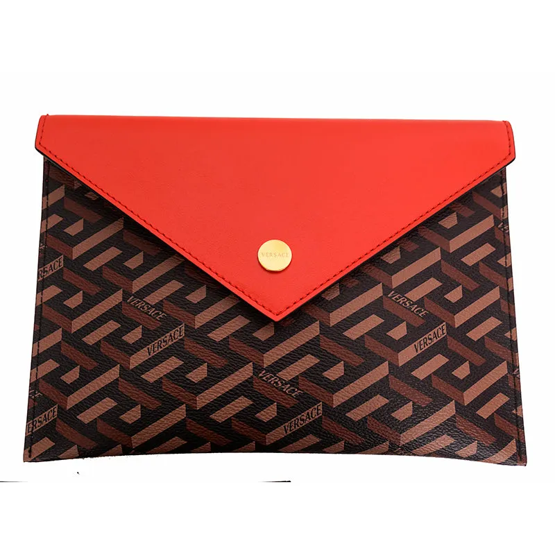 NEW $750 VERSACE Brown SET OF 3 La Greca Coated Canvas Envelope POUCH BAG NIB