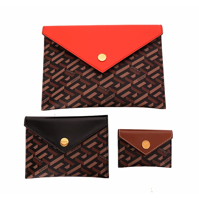 NEW $750 VERSACE Brown SET OF 3 La Greca Coated Canvas Envelope POUCH BAG NIB