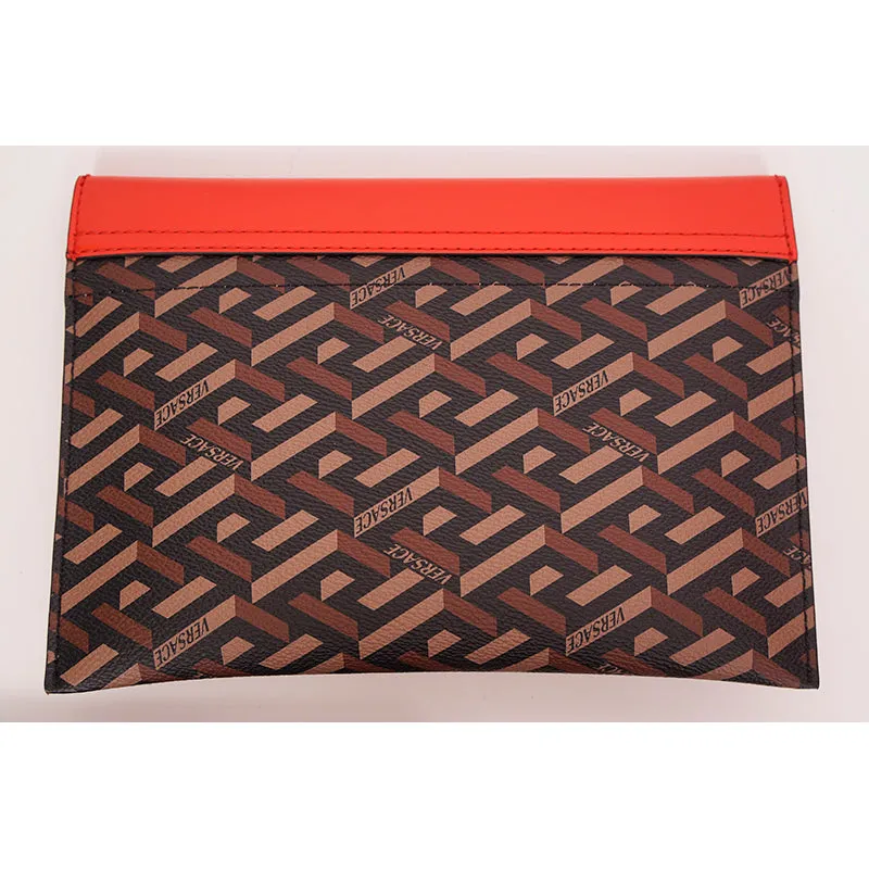 NEW $750 VERSACE Brown SET OF 3 La Greca Coated Canvas Envelope POUCH BAG NIB