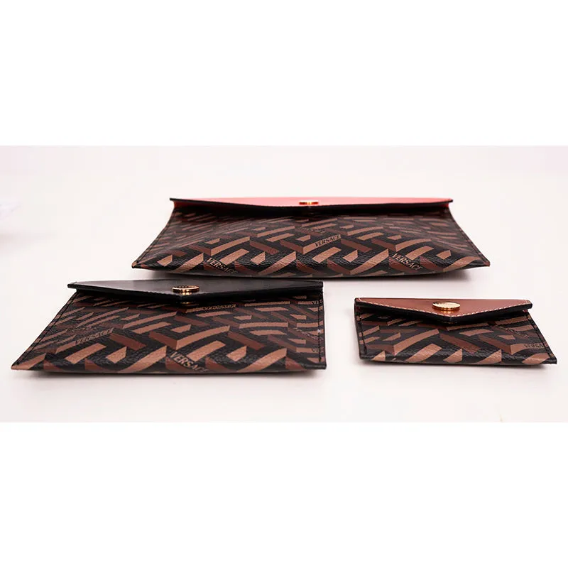 NEW $750 VERSACE Brown SET OF 3 La Greca Coated Canvas Envelope POUCH BAG NIB