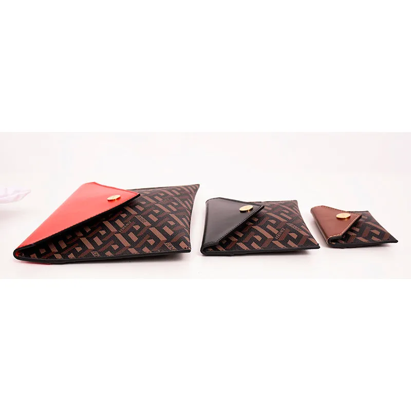 NEW $750 VERSACE Brown SET OF 3 La Greca Coated Canvas Envelope POUCH BAG NIB