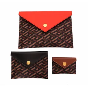 NEW $750 VERSACE Brown SET OF 3 La Greca Coated Canvas Envelope POUCH BAG NIB
