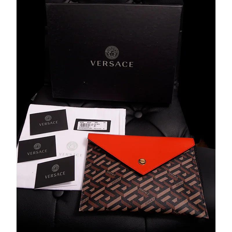 NEW $750 VERSACE Brown SET OF 3 La Greca Coated Canvas Envelope POUCH BAG NIB
