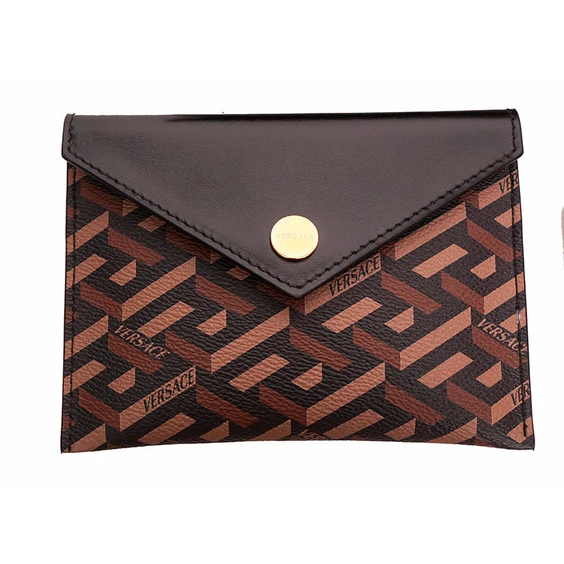 NEW $750 VERSACE Brown SET OF 3 La Greca Coated Canvas Envelope POUCH BAG NIB