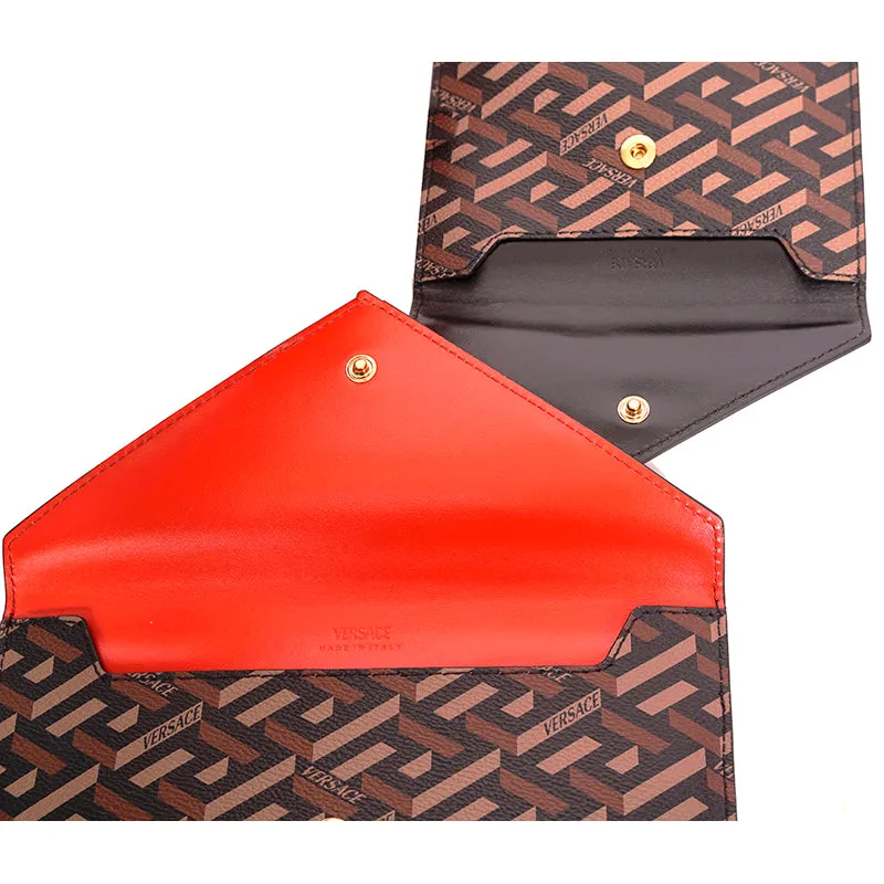 NEW $750 VERSACE Brown SET OF 3 La Greca Coated Canvas Envelope POUCH BAG NIB