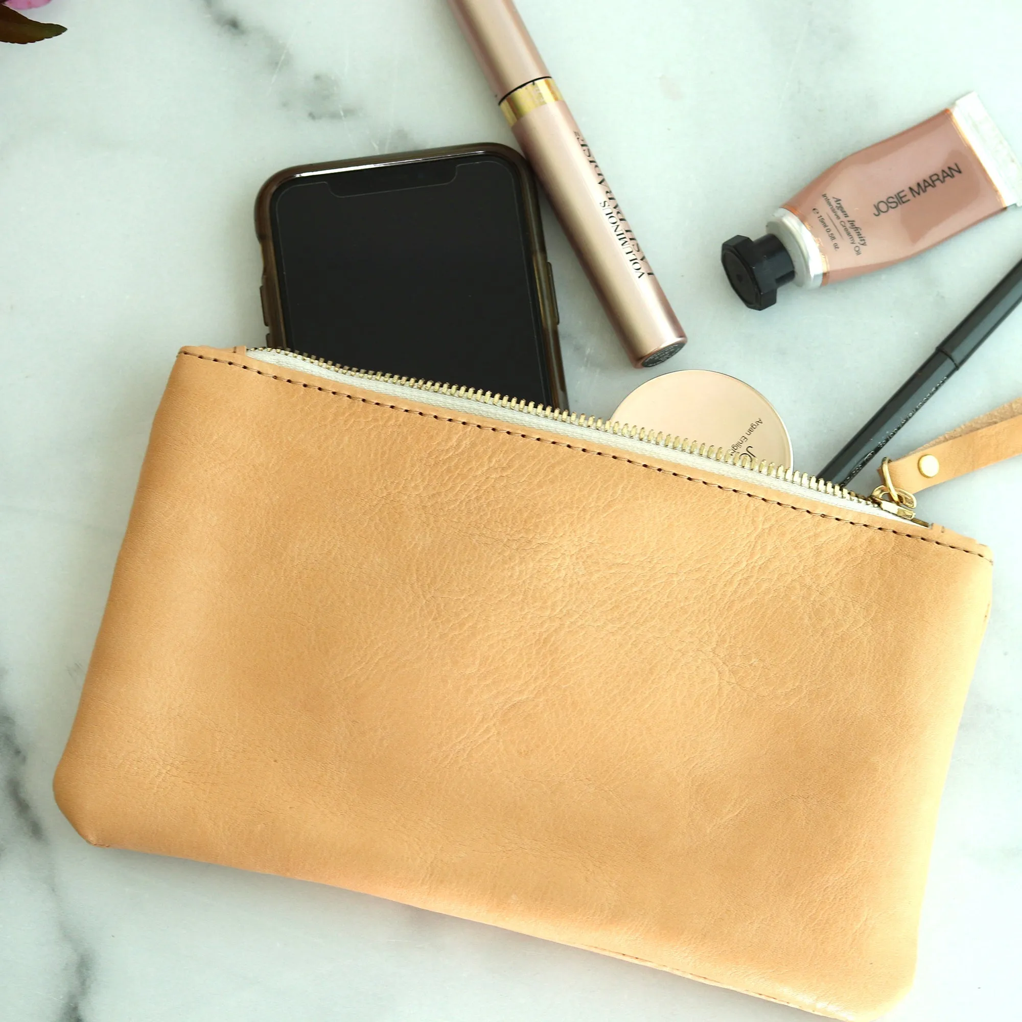 SALE Personalized Leather Zip Clutch - Beige Pebble