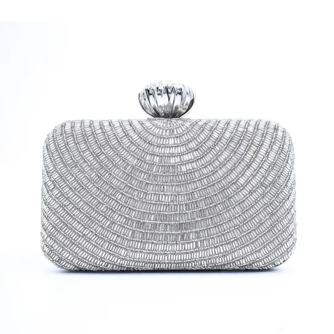 Silver Bead Embroidery Party Clutch Bag for Women